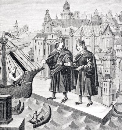 Trade on the Seaports of the Levant, reproduction of a miniature in the 15th century manuscript, 